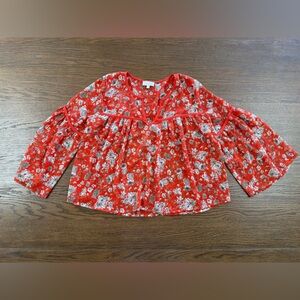 Lucky Brand Red Orange Sheer Floral Peasant Blouse Size Small